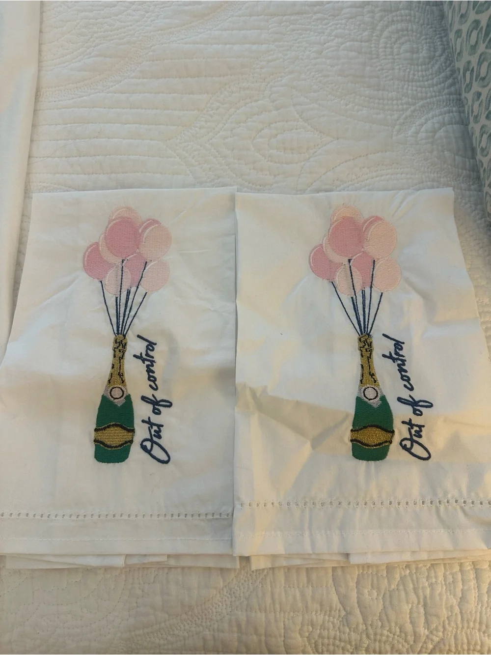 White Teas Towels with Pink Balloon & Green Champagne Bottle Embroidery